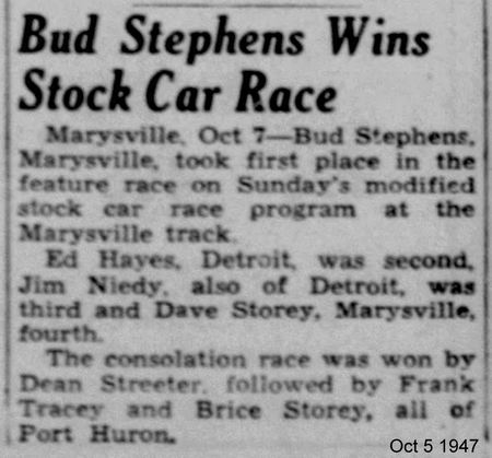 October 5 1947 Marysville results from dave dobner Marysville Race Track (Blue Water Speedway), Marysville